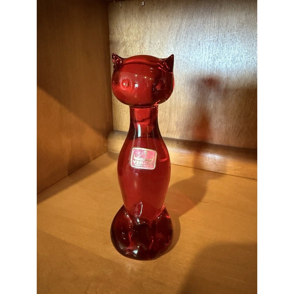 Vintage Viking Glass Ruby Red Cat Figurine MCM Blenko Style Art Glass 6” w Label